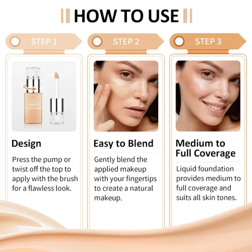 Vista 5 de Base líquida de cobertura completa, maquillaje facial impecable mate - mediano Base ligera de textura cremosa, hidratante y suavizante, a prueba