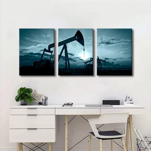 Vista 2 de TUMOVO Bombas de aceite en la puesta de sol para dormitorio, industria de petróleo y gas, pinturas de pared de 3 piezas de arte de pared de petróleo