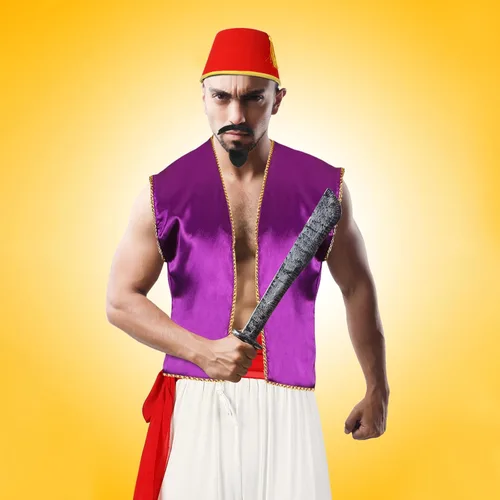 Vista 6 de Zhanmai Juego de 5 piezas de disfraz de príncipe árabe para hombre, chaleco morado, pantalones harén, sombrero de fieltro rojo Fez, banda y barba