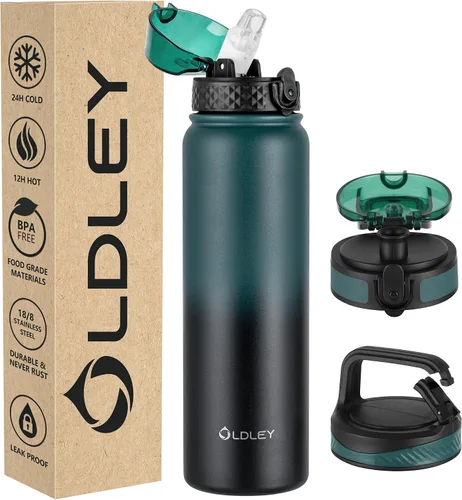 Vista 29 de Oldley Botella de Agua Aislada con Pajilla de 20oz, Botellas de Agua de Acero Inoxidable con 3 Tapas, Aislamiento al Vacío de Doble Pared Térmica