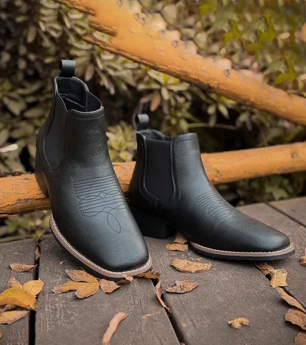Vista 2 de Botas vaqueras para hombre, punta cuadrada, botas Chelsea para hombre, botas de tobillo occidental, botas de vestir casuales Negro