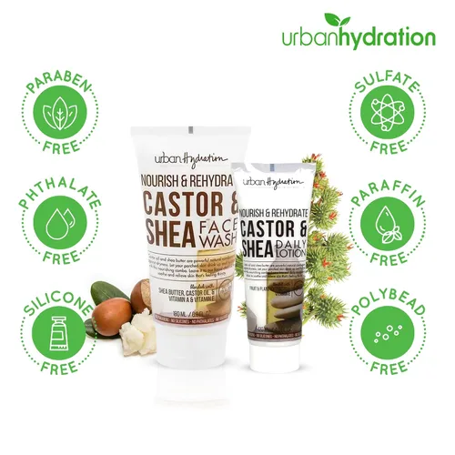 Vista 2 de Urban Hydration Castor and Shea - Limpiador facial y loción facial Duo Pack Combate la piel seca, limpia, hidrata y unifica el tono de la piel