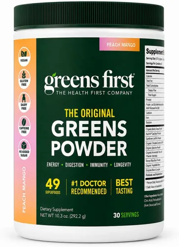 Vista 11 de Greens First Original Greens en polvo, menta, 30 porciones 49 superalimentos, frutas y verduras orgánicas, prebióticos, probióticos y enzimas