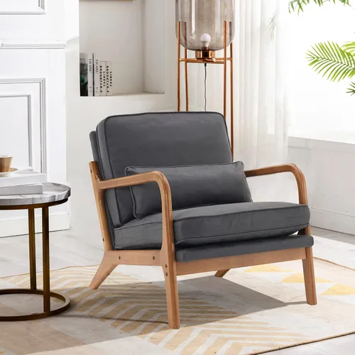 Vista 16 de JOYBASE Silla decorativa de salón, silla moderna de mediados de siglo, silla de respaldo alto, sillón con marco de madera, cómoda silla de lectura