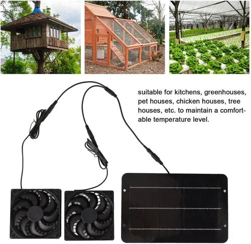 Vista 2 de Kit de ventilador solar, ventilador solar de invernadero de cobertizo, panel solar de 10 W y 2 ventiladores sin escobillas de CC de alta velocidad