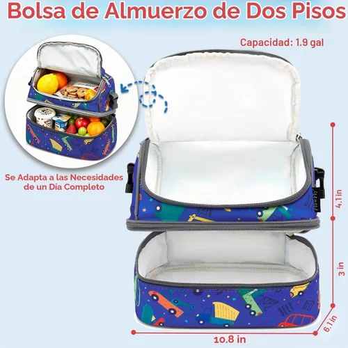 Vista 3 de FlowFly Bolsa de almuerzo aislada de dos pisos para niños, niñas, hombres, mujeres, con correa ajustable, para automóvil
