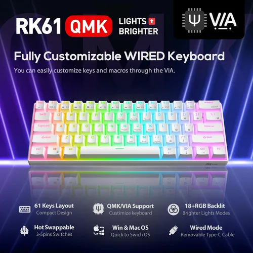 Vista 2 de RK ROYAL KLUDGE RK61 Teclado mecánico con cable 60% para juegos programable QMKVIA RGB retroiluminado 61 teclas ultra compacto intercambiable