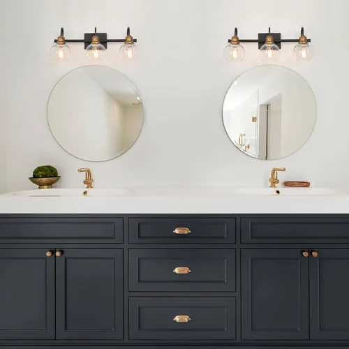 Vista 3 de KSANA Luminaria de Baño Estilo Granja, Lámpara de Tocador Moderna Negro Dorado de 3 Luces con Pantalla de Vidrio Transparente Abierta, Lámpara