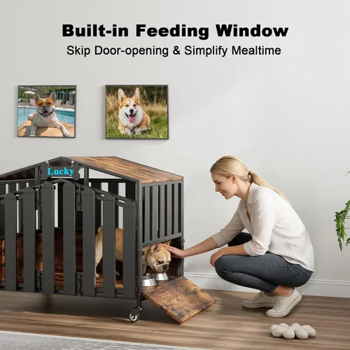 Vista 3 de EasyCom Muebles resistentes de 31 pulgadas para perros, para interiores con ruedas de 360°, jaulas decorativas para perros pequeños, jaula de madera