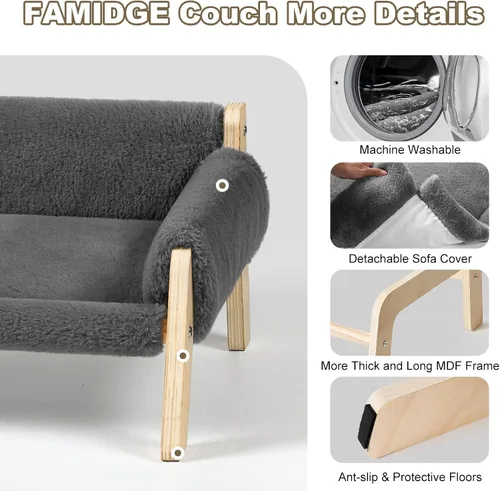 Vista 6 de FAMIDGE Sofá cama elevada para gatos de interior – Sofá de madera para mascotas con funda gruesa extraíble lavable para gatitos elevados adecuado