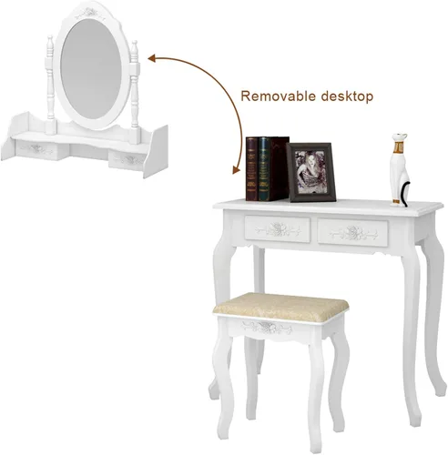 Vista 5 de Juego de tocador con 4 cajones de rotación de 360 grados extraíble, mesa de maquillaje con taburete, escritorio de tocador para dormitorio