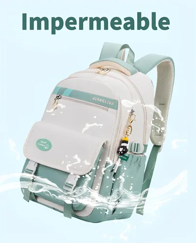 Vista 5 de Mochila Kawaii con bonitos accesorios, protección para la columna vertebral, antiladrón, bonita bolsa de libro estética, Verde (Mint Green), Kawaii