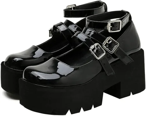 Vista 2 de KIKIVIVI Womens Patent Leather Mary Jane Goth Platform Ankle Strap Chunky Heel Pumps