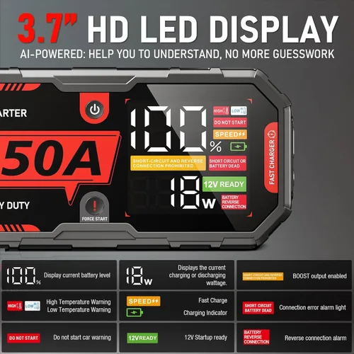Vista 5 de 8250A Arrancador de Salto Arrancador de Puente Portátil Paquete de Batería (Hasta 10L de Gasolina / 6.5L de Diesel), 2 Bancos de Energía USB-C