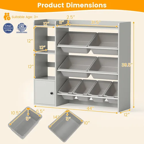 Vista 3 de HONEY JOY Organizador de almacenamiento de juguetes para niños, armario de madera de 44 pulgadas de largo con 8 contenedores extraíbles, estantes
