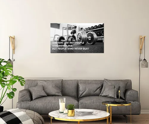 Vista 4 de SkenoArt Gimnasio motivacional arte de pared ganadores son aquellos que nunca renuncian decoración de pared con mancuernas en blanco y negro, lienzo