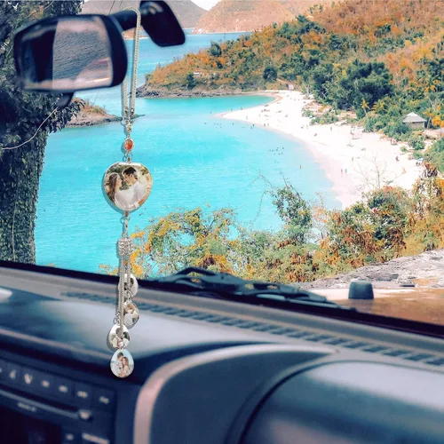 Vista 5 de Dijes colgantes de cristal personalizados para automóvil con fotos y textos personalizados Adorno colgante de espejo retrovisor Colgante de foto