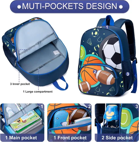 Vista 4 de BTOOP Mochila escolar para niños, mochila escolar para preescolar y jardín de infantes con unicornio con clip para el pecho, Sportball-azul marino