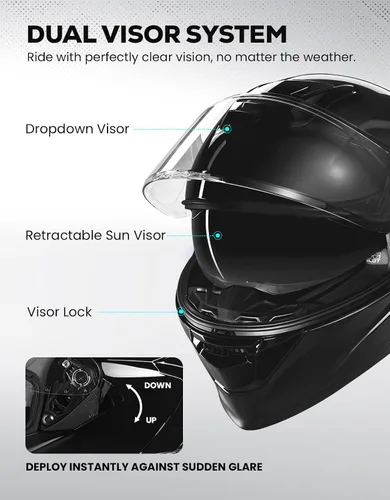 Vista 2 de XFMT Casco de motocicleta de cara completa, casco de doble visera para bicicleta de calle, ATV con protector solar interno para adultos, hombres