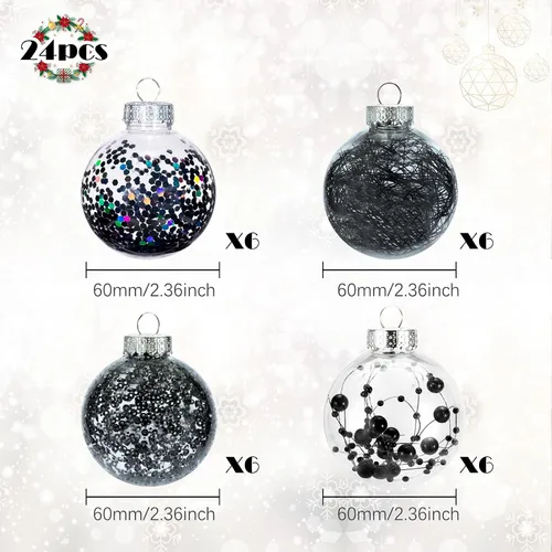 Vista 2 de 24 unidades - Adornos de bolas de Navidad colgantes de plástico transparente inastillable con bolas delicadas decorativas (2.36"/60mm, negro)
