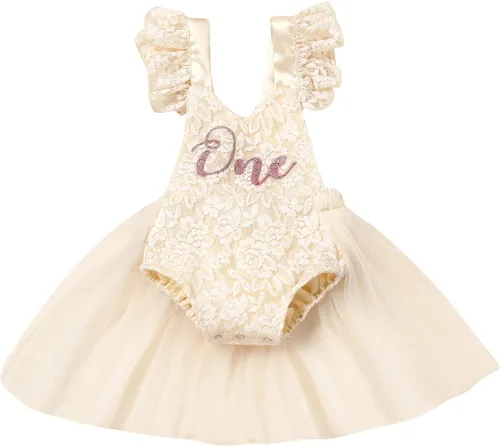 Vista 70 de Traje de bebé niña primer cumpleaños traje de encaje tul mameluco princesa tutú vestido de un año cumpleaños pastel Smash fotografía ropa