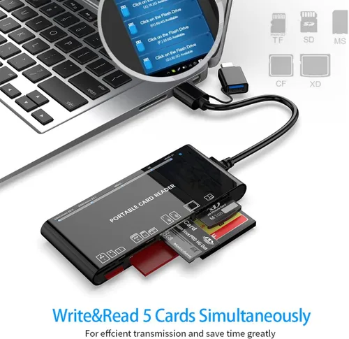 Vista 5 de Lector de tarjetas múltiples USB C USB3.0 para tarjetas SD, CF, Micro SD, XD, MS - Adaptador Hub 7 en 1 para Windows, Mac, Linux, Android