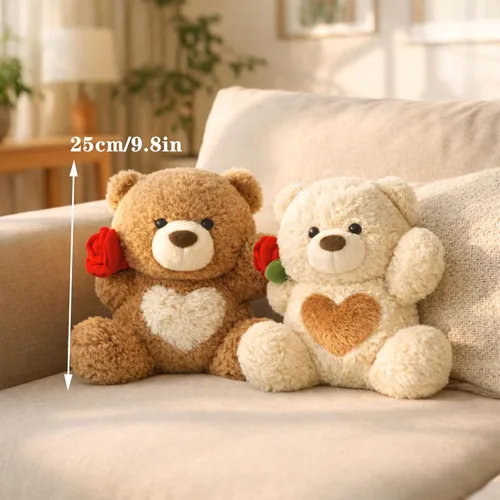 Vista 5 de Juguete de peluche de oso de peluche, oso de rosa y corazón, juguete de peluche romántico, perfecto para cumpleaños de niños y niñas (marrón)