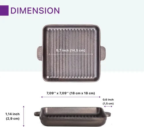 Vista 3 de Parrilla cuadrada presazonada de hierro fundido pequeña sartén de utensilios de cocina de hierro fundido de 7 pulgadas - Mini sartén de hierro