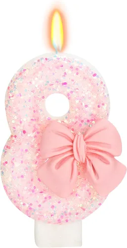 Vista 53 de Vela de cumpleaños para pastel, vela 0 - purpurina rosa con lazo, vela de feliz cumpleaños de 2.76 pulgadas, adorno superior de pastel para fiestas
