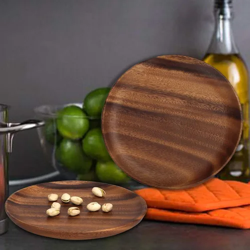 Vista 5 de Ayiaren 2 unidades de platos decorativos de madera de acacia para ensalada, tableros redondos de charcutería, aperitivo, postre, tabla de servir