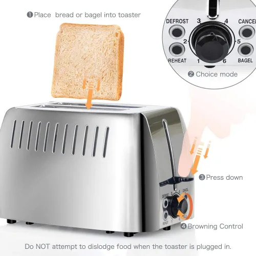 Vista 5 de Tostadoras de acero inoxidable de 2 rebanadas de ranura ancha para bagels 6 Browning Setting, Bagel/Reheat/Defrost/Cancel Function, Slim Toaster 2