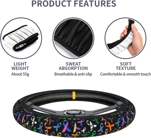 Vista 7 de Cintas multicolor para concientización sobre el cáncer, cubierta para volante de automóvil, accesorios lindos para mujeres y niñas, universal de 15
