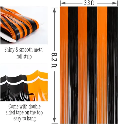Vista 2 de Abien Cortinas de flecos de aluminio naranja y negro, serpentinas para fiesta de Halloween, suministros de fiesta para fiesta de Halloween, fiesta