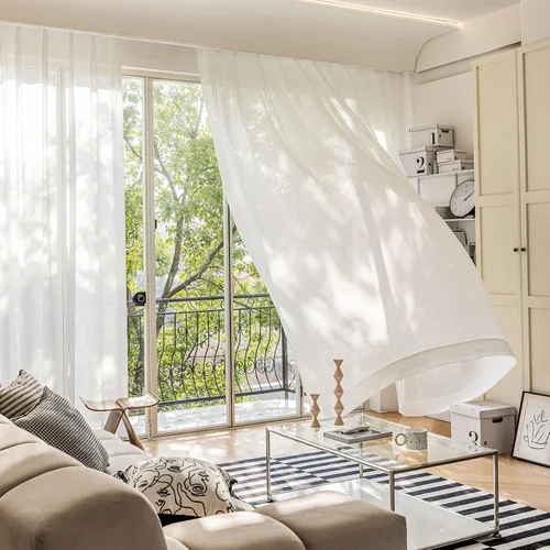 Vista 2 de Juego de 2 paneles de cortinas semitransparentes de 54 pulgadas de largo, cortinas plisadas a rayas para ventana, dormitorio, sala de estar, 2 Rayas