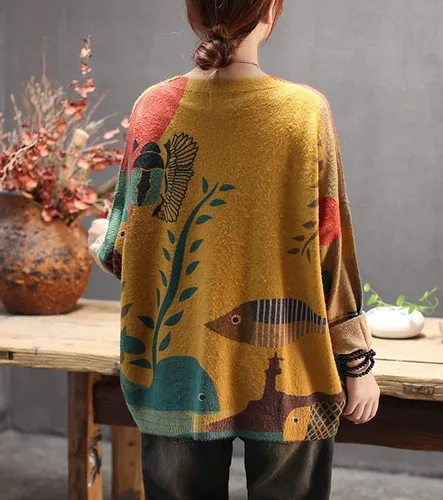 Vista 3 de YESNO - Suéter feo de Navidad para mujer, con estampado gráfico, de gran tamaño, informal, holgado y tejido, S01