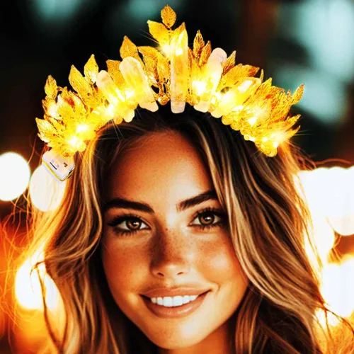 Vista 5 de Yean Diadema con luces LED doradas, corona y hojas de hadas, para mujer