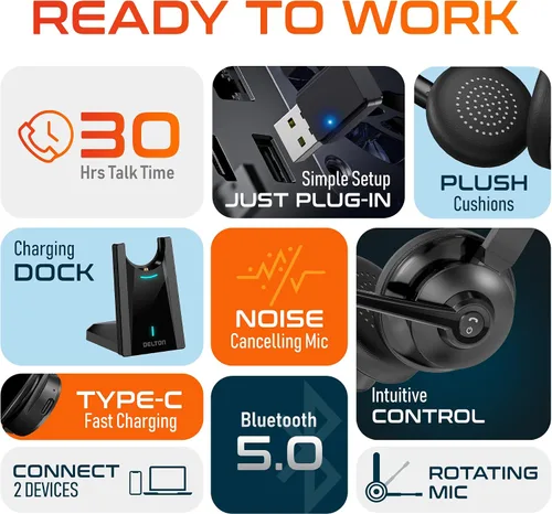 Vista 4 de Delton Auriculares Bluetooth 35X para computadora con micrófono de cancelación de ruido, base de carga rápida, acoplamiento automático USB Dongle