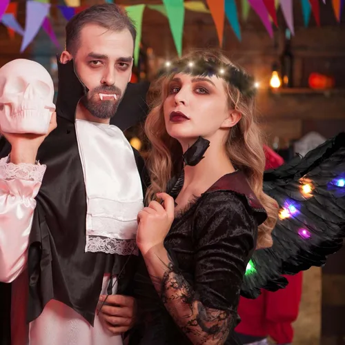 Vista 5 de Toulite 4 piezas de alas de ángel con luz LED y diadema con luces LED blancas, alas de disfraz para adultos, mujeres, niños, Halloween, Navidad