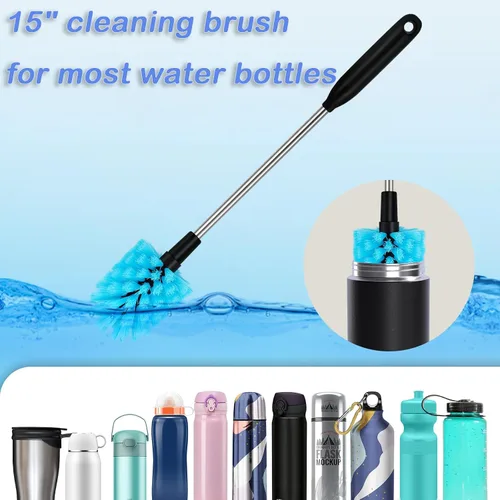 Vista 4 de Cepillo para botella de agua de acero inoxidable de mango largo 2 en 1, cepillo multiusos para limpiar botellas, cepillo suave para botellas