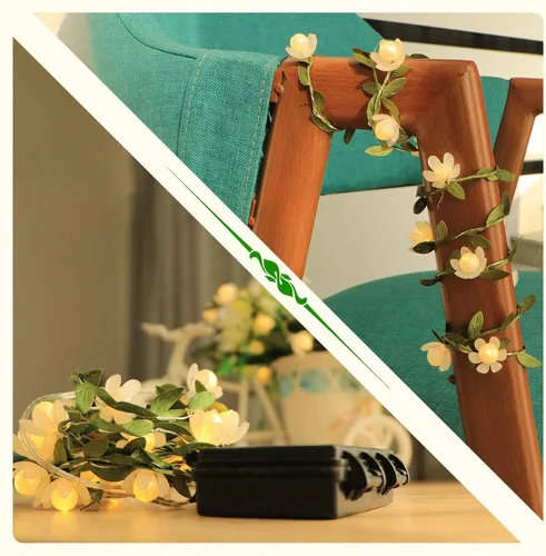 Vista 4 de Vigdur Paquete de 2 guirnaldas de luces de vid, guirnalda de hojas pequeñas con flores blancas alimentadas por batería para interiores y exteriores