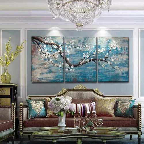 Vista 8 de AMATOP Arte de pared turquesa 100% pintado a mano, pintura al óleo de paisaje forestal en lienzo, obra de arte enmarcada original, pájaro dorado