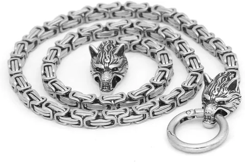 Vista 4 de GuoShuang Wolf Head with Thor Mjolnir Pendant Necklace Stainless Steel - King Chain