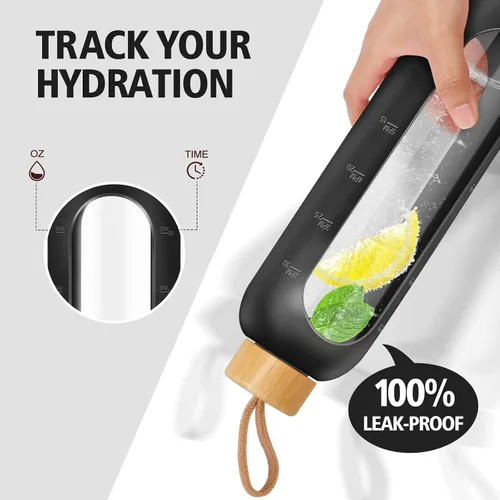 Vista 5 de Botellas de agua de vidrio de 32 onzas, botella de agua motivacional de vidrio con funda de silicona, popote y 2 tapas de bambú, vaso de admisión 1
