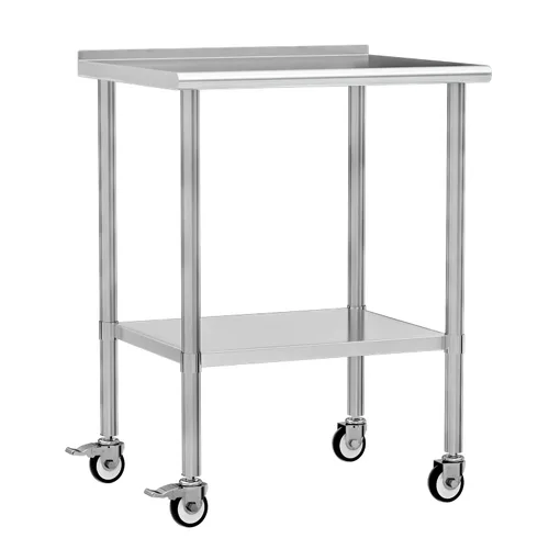 Vista 17 de Mesa de trabajo de acero inoxidable con ruedas, 24x24 pulgadas, mesa de preparación de alimentos NSF con salpicadero y estante inferior ajustable