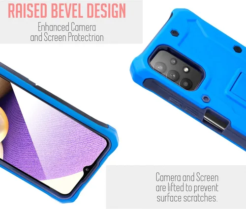 Vista 5 de Funda diseñada para Samsung Galaxy A02S, con soporte giratorio de vidrio templado con clip para cinturón, funda protectora de cuerpo completo Azul