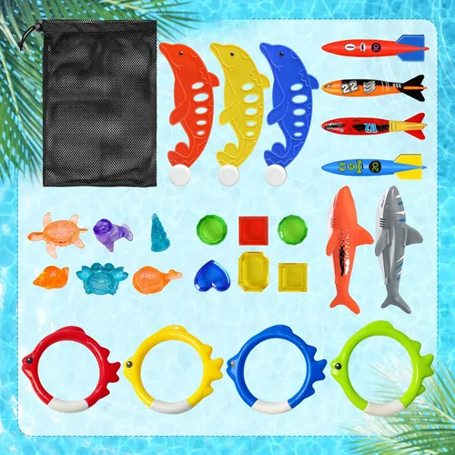 Vista 5 de Jasonwell - Juego de 25 juguetes de piscina con palos de buceo y anillos, tesoros submarinos, bandidos de torpedos, peces, etc. Divertido juguete