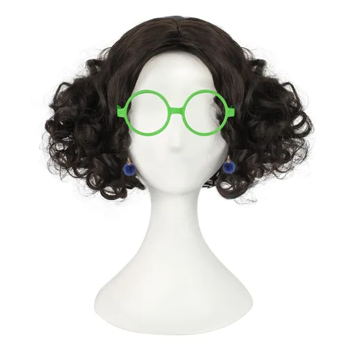 Vista 2 de IMEYLE Peluca marrón para mujeres y niñas (1 lentes verdes + 2 aretes) peluca rizada sintética Cosplay peluca para fiesta de disfraces de Halloween