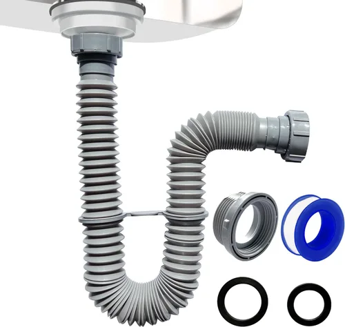 Vista 11 de VIVIDA Tubo de drenaje para fregadero de 1-1/2 pulgadas, tubo de drenaje flexible, trampa P flexible expandible de 7.5 a 17.7 pulgadas para baño
