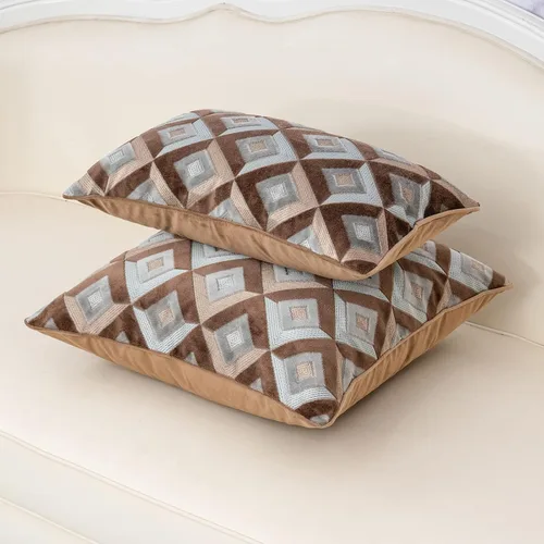 Vista 4 de Alerfa Funda de cojín cuadrada de terciopelo con bordado geométrico a cuadros, funda de almohada decorativa moderna de lujo para sofá, sala