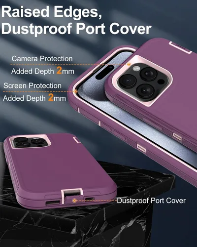 Vista 6 de Funda para iPhone 15 Pro con protector de pantalla de vidrio templado, protección contra caídas de 16 pies, con cubierta de puerto a prueba